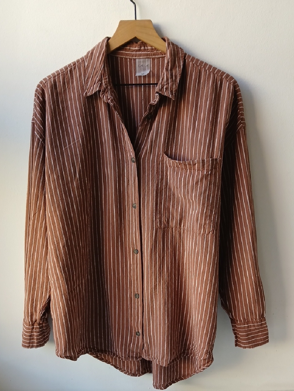 Calia Linen Blend Button Front Shirt Brown Stripe Women's Medium